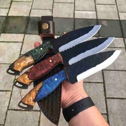 Lot Of 3 Pieces Handmade Custom Hunting Knife Hand-Forged Carbon Steel Epoxy & Walnut Wood Handle with Leather Sheath