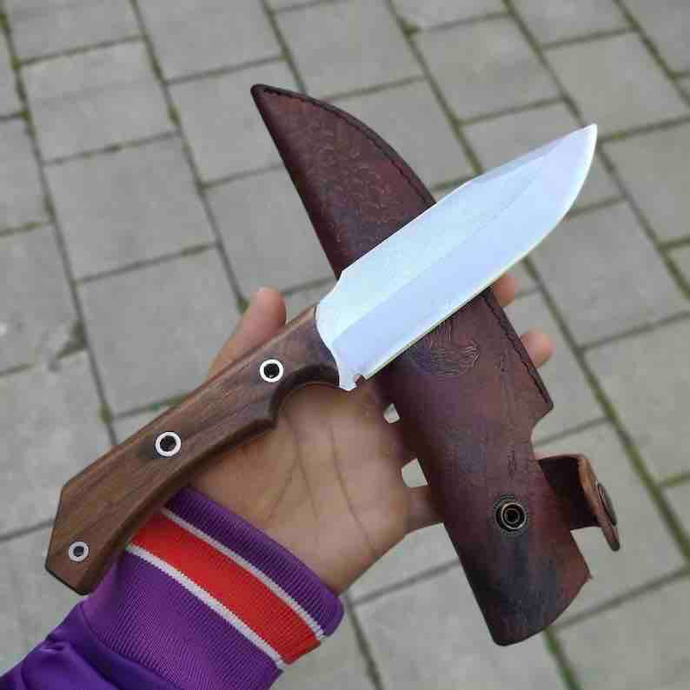 Handmade Custom Hunting Knife 4116 German Stainless Steel Walnut Root Wood With Leather Sheath 0