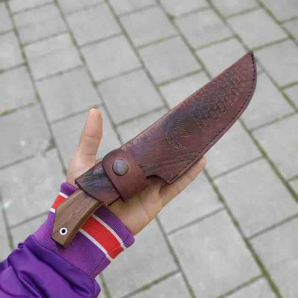 Handmade Custom Hunting Knife 4116 German Stainless Steel Walnut Root Wood With Leather Sheath 4