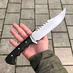 custom hunting knife, hand forged, 4116 stainless steel, werzalit, brass guard with leather sheath