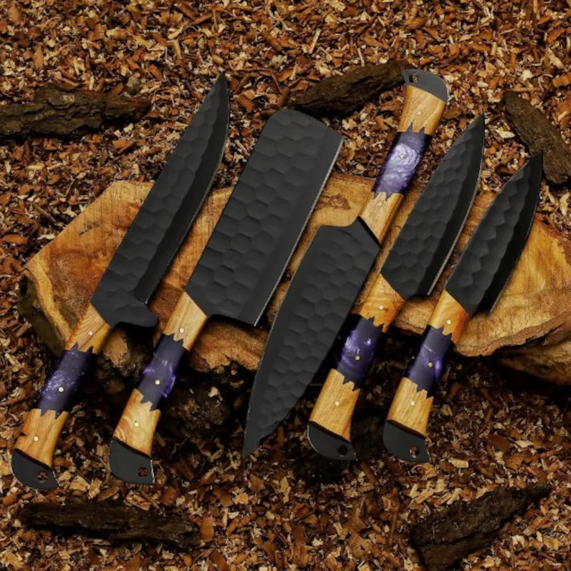 Set Of Chef Knives Kitchen Knives Hunting Knives D2 J2 Steel With Leather Sheath 0