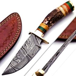 handmade damascus steel hunting knife handle deer antler w leather sheath