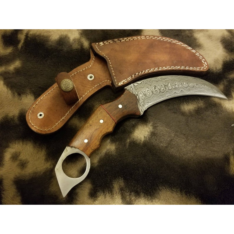 Damascus Steel Karambit Knife With Rose Walnut Wood 1