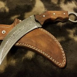 damascus steel karambit knife with rose & walnut wood