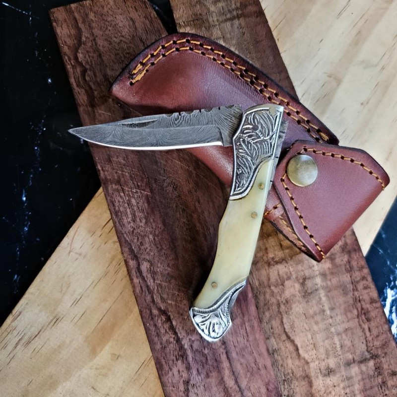 Pocket Knife Camel Bone 65 Damascus Steel Knife Steel Bolster Back Lock Folding Knife 0