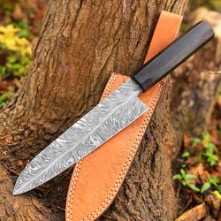 custom handmade damascus steel feather pattern kitchen chef knife with color wood handle and sheath