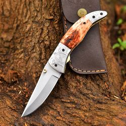 custom handmade stainless steel pocket knife color camel bone handle