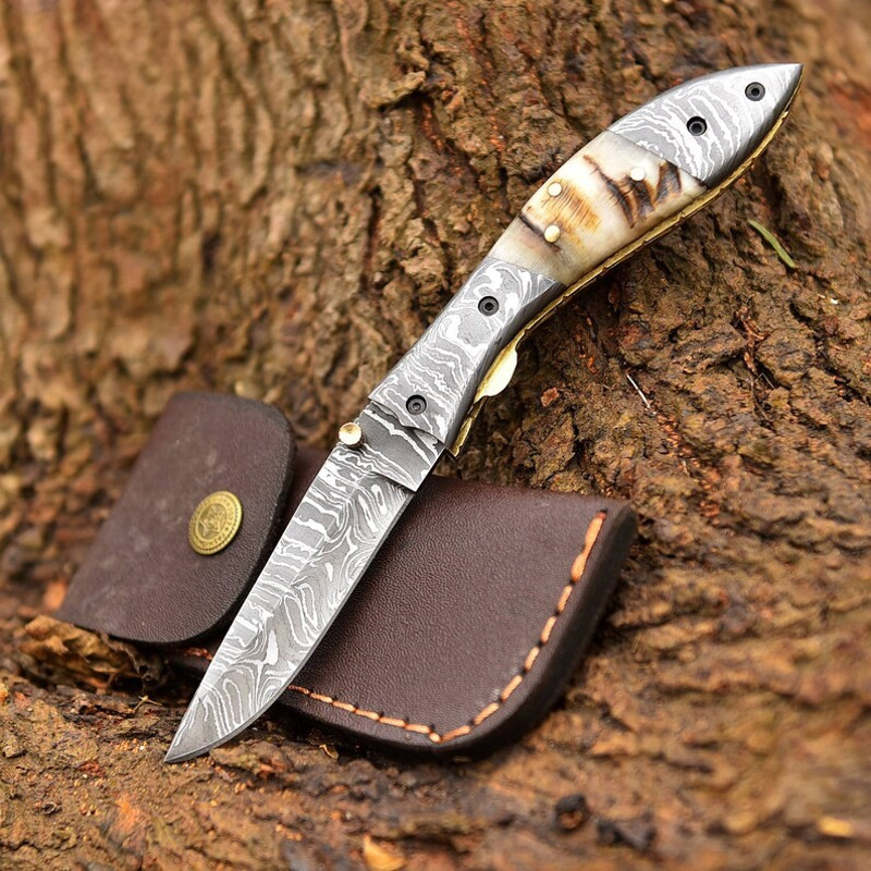 One Of Kind Custom Made Handmade Folding Knife Pocket Knife With Sheep Horn Handle Give Excellent Grip 0