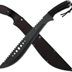 machete with reverse serrations black stainless steel blade w/reverse serrations