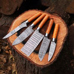 culinary connoisseur: 5 piece chef set - olive wood handle & genuine leather role