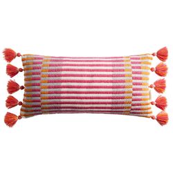 Fuchsia Multi Stripe Fringe Indoor Outdoor Lumbar Pillow