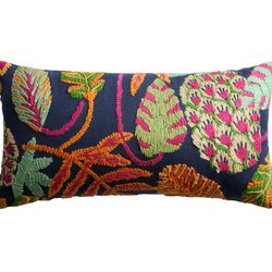 Navy Embroidered Botanical Indoor Outdoor Lumbar Pillow