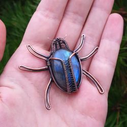 Elegant Blue Labradorite Wire Wrapped Beetle Pendant, Gemstone Pendant, Green Pendant, Copper Jewelry, Engagement Gift