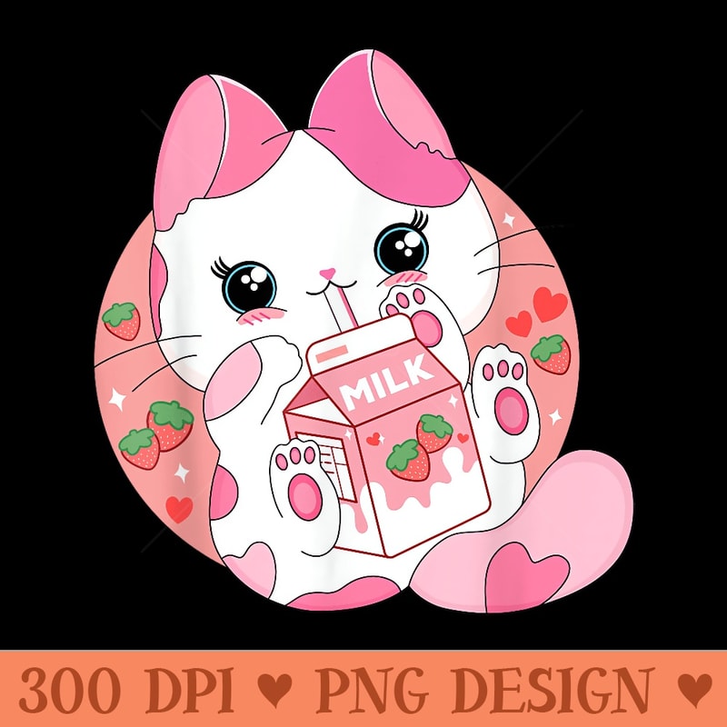 Kawaii Anime Cat Drinking Strawberry Milk Cute Japanese Neko - PNG design downloads - Perfect for Sublimation Art