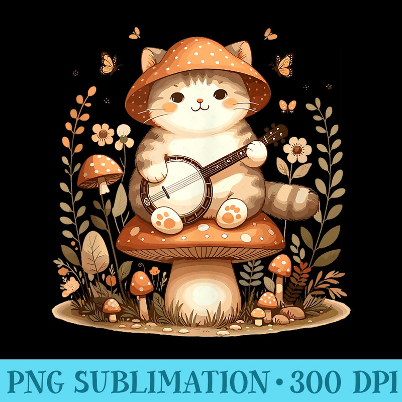 Cottagecore Cat Banjo on Mushroom Cat Aesthetic Kawaii Kitty - Sublimation printables PNG download - Bring Your Designs to Life