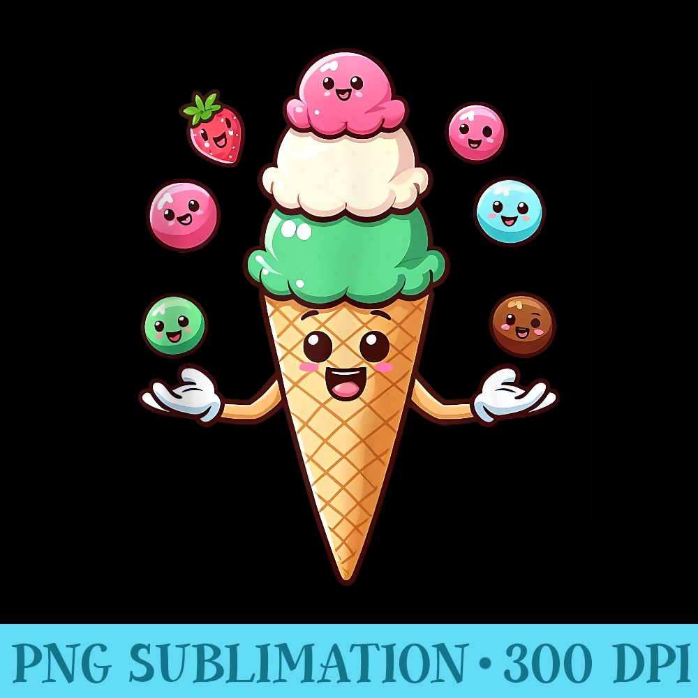 Kawaii Ice Cream Cone Juggling Scoops Cute Funny Ice Cream - Trendy PNG Designs - Instantly Transform Your Sublimation Projects