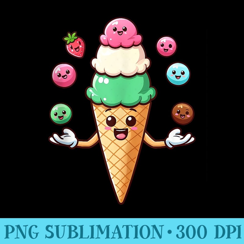 Kawaii Ice Cream Cone Juggling Scoops Cute Funny Ice Cream - Trendy PNG Designs - Instantly Transform Your Sublimation Projects