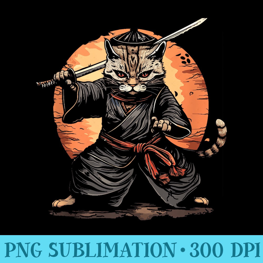 Kawaii Graphic Japanese Anime Manga Samurai Ninja Cat - PNG Graphics Download - Instantly Transform Your Sublimation Projects