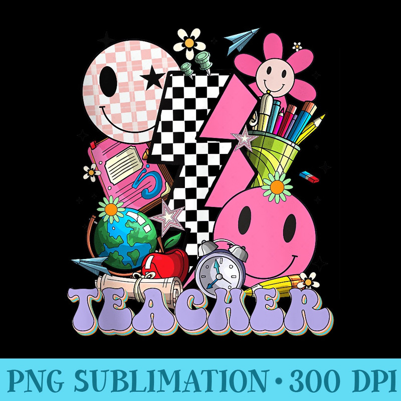 Retro Groovy Back To School Smile Face Floral Teacher - PNG Clipart Download - Limited Edition And Exclusive Designs