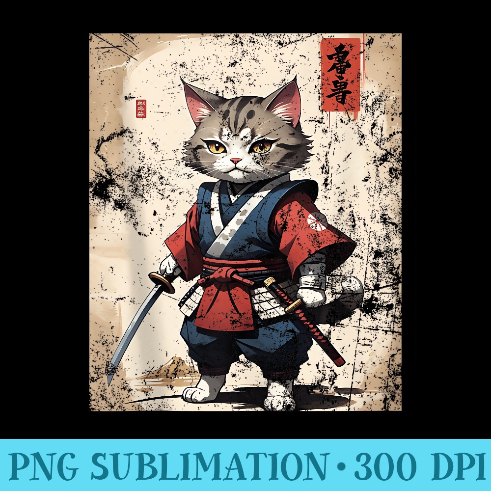 Samurai Cat Kawaii Anime Japanese Vintage Tattoo Graphic - PNG Picture Gallery Download - Perfect for Sublimation Mastery