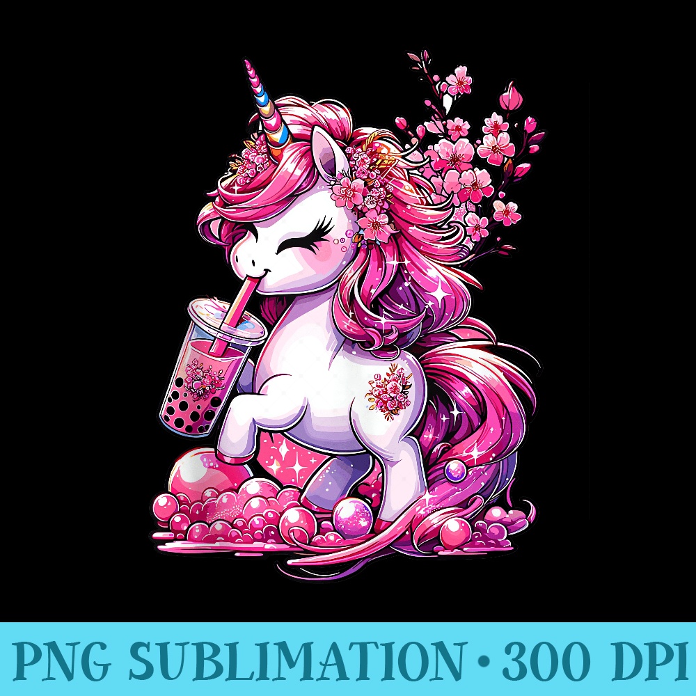 Unicorn Pink Flowers Bubble Tea Anime Kawaii Milk tea - Fashionable Shirt Design - Boost Your Success with this Inspirational PNG Download