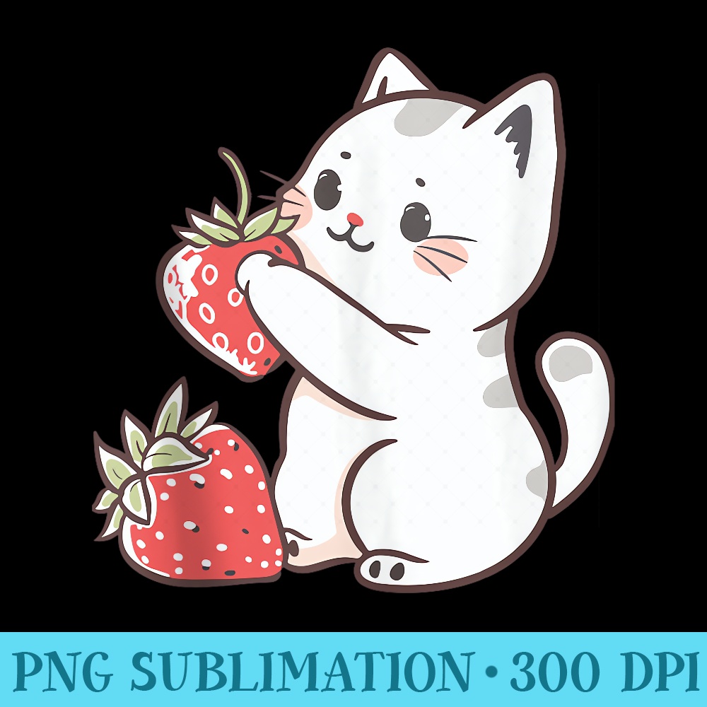 Kawaii Cute Cat With Strawberries Design Adorable Strawberry - Sublimation clipart PNG - Spice Up Your Sublimation Projects