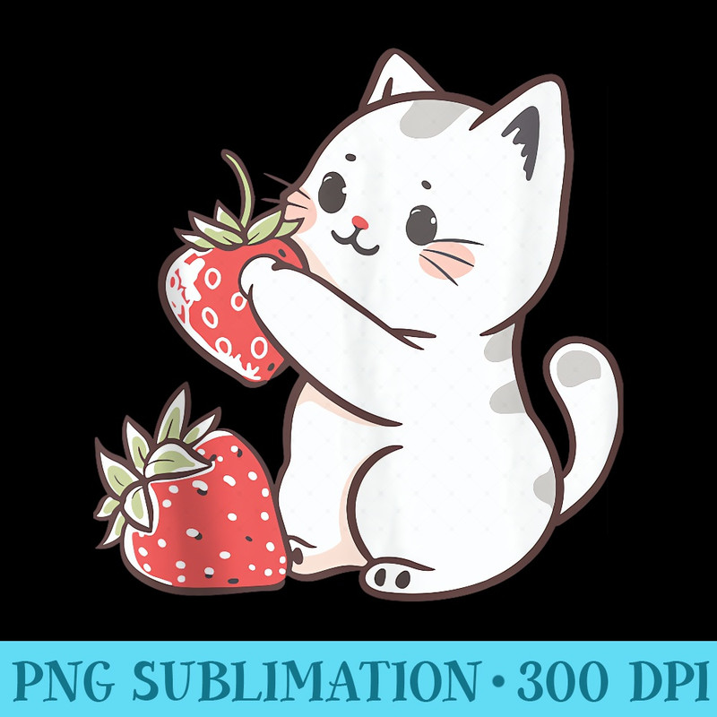 Kawaii Cute Cat With Strawberries Design Adorable Strawberry - Sublimation clipart PNG - Spice Up Your Sublimation Projects