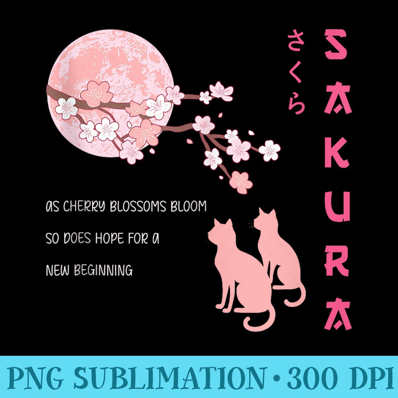 Cat Sakura Cherry Blossoms Flower and Moon Kawaii Japanese - Stylish Shirt PNG - Capture Imagination with Every Detail
