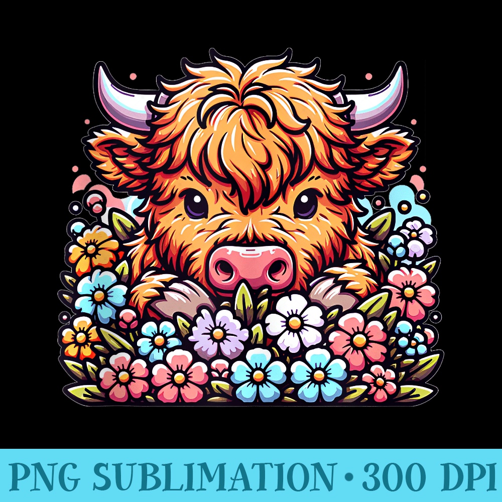 Spring Elegant Cute Kawaii Highland Cow Pastel Flowers - Stylish Shirt PNG - High Resolution And Print-Ready Designs
