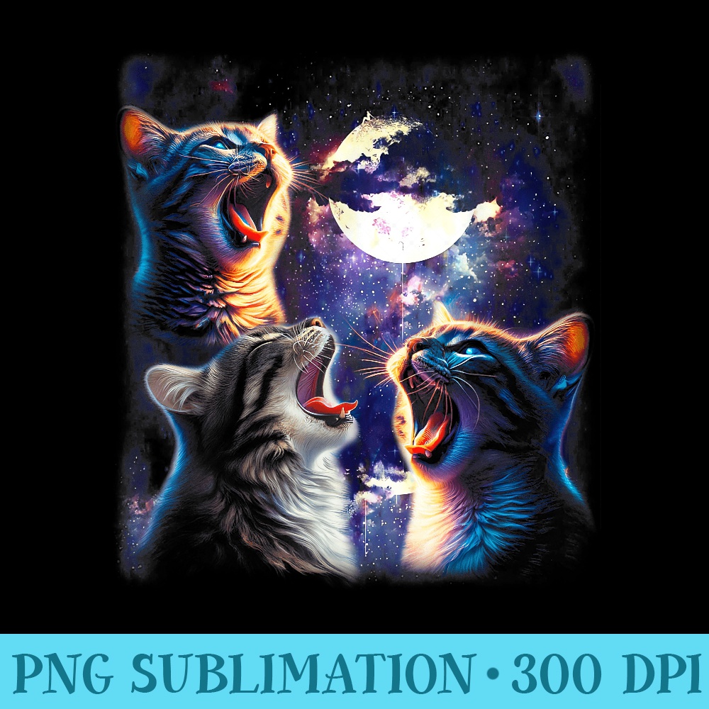 Three Cat Howling At The Moon Funny 3 Cats With Love Animals - Sublimation templates PNG - Quick And Seamless Download Process