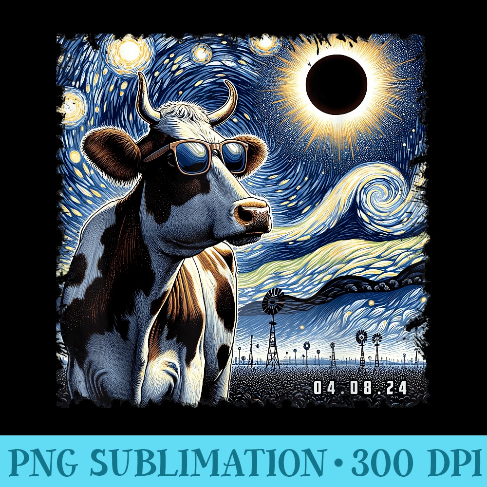 Comedy Solar Eclipse Starry Night Cow With Sunglasses Lover - Shirt Design PNG - Add a Festive Touch to Every Day