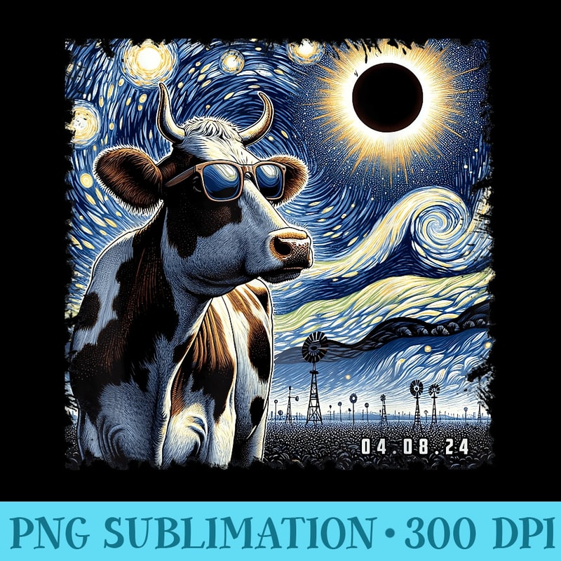 Comedy Solar Eclipse Starry Night Cow With Sunglasses Lover - Shirt Design PNG - Add a Festive Touch to Every Day