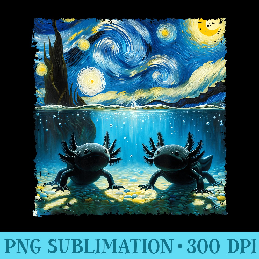 Retro Axolotls Van Gogh Painting Arts Starry Axolotl Animal - Shirt Mockup Download - Instant Access To Downloadable Files