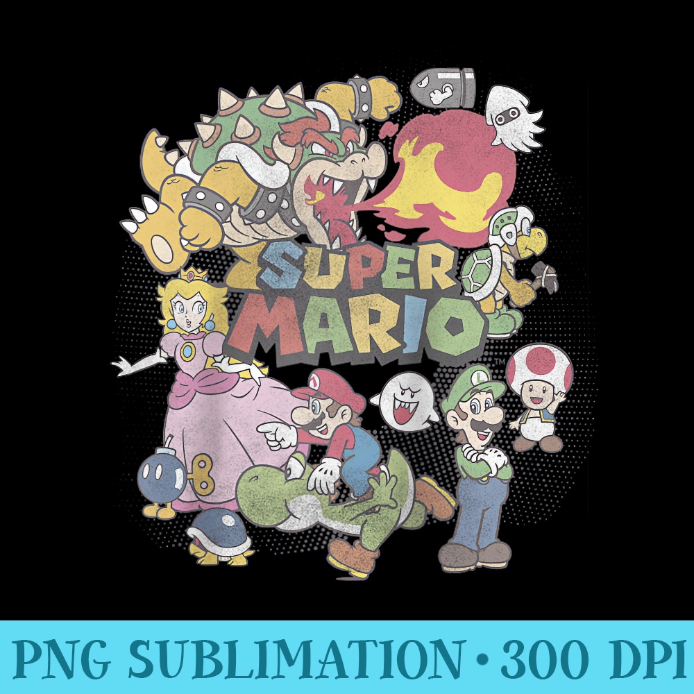 Nintendo Super Mario Group Shot Happy Faces Dotted Poster Raglan Baseball - PNG Download Source - Add a Festive Touch to Every Day