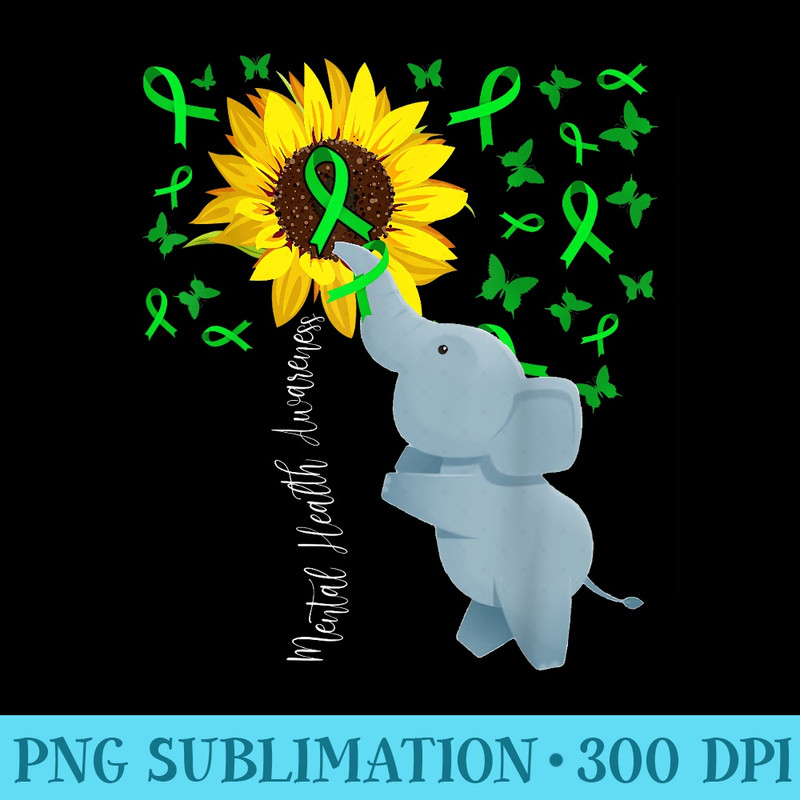 Mental Health Awareness Cute Sunflower Elephant Green - PNG Clipart Download - Transform Your Sublimation Creations