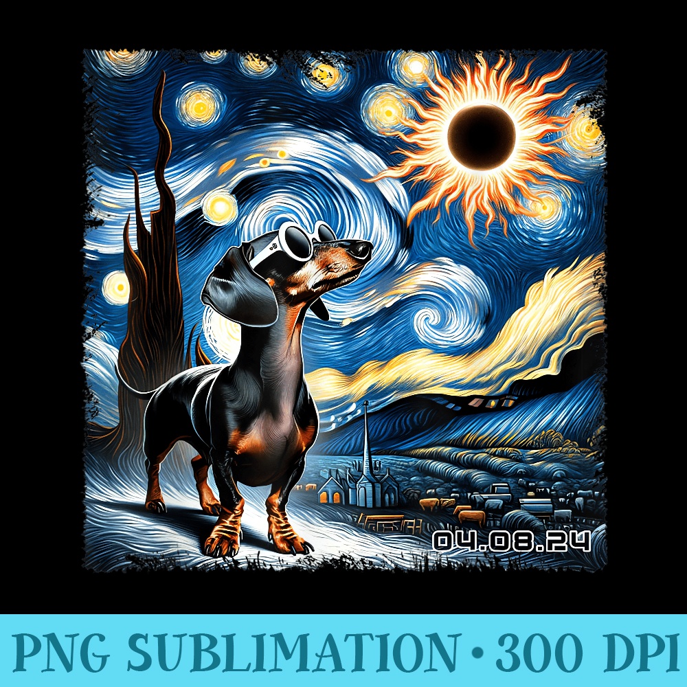 Vintage Solar Eclipse Starry Night Dachshund With Sunglasses - PNG Download Illustration - Trendsetting And Modern Collections