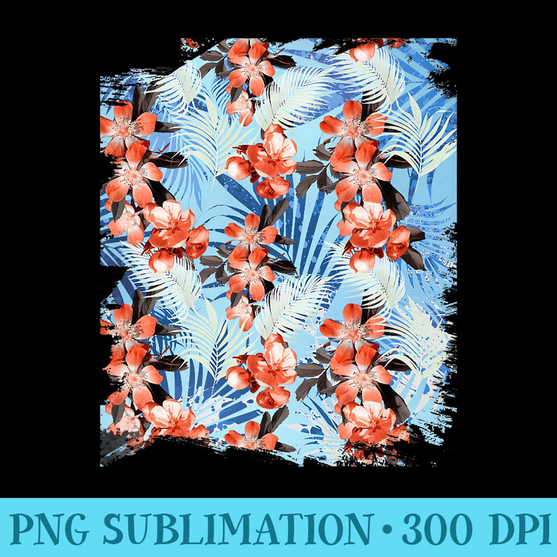Palm Leaves And Flowers, Red Blue Premium - Shirt Artwork PNG - Limited Edition And Exclusive Designs