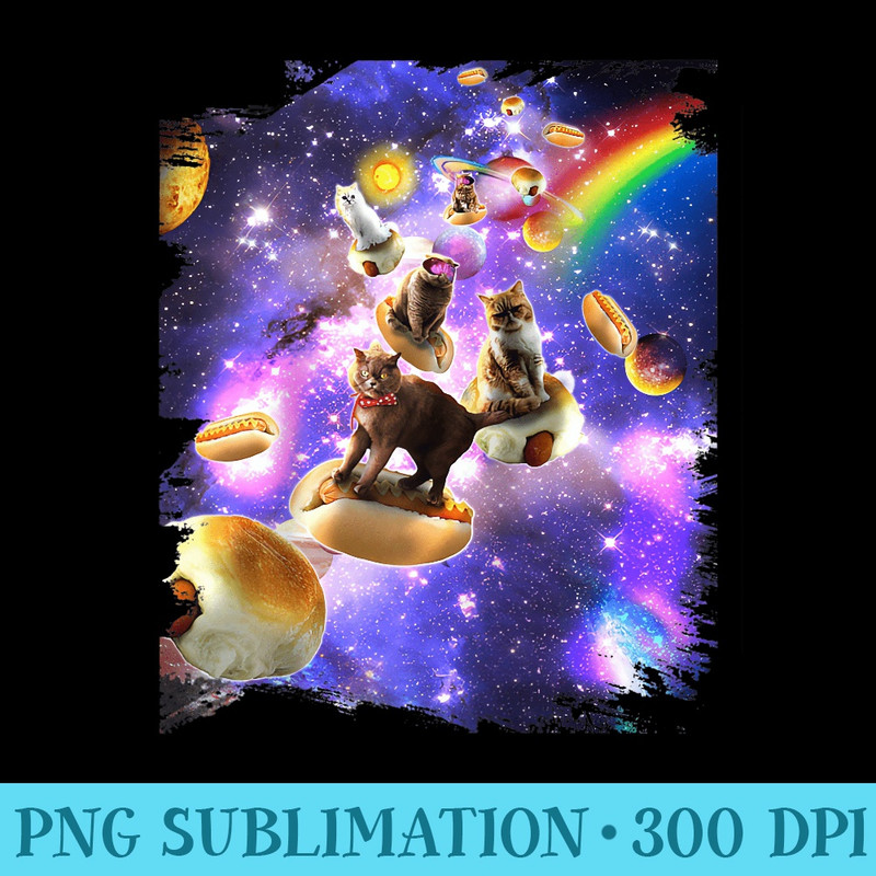 Space Cats Riding Hot Dogs Cat In Rainbow Galaxy Raglan Baseball - Unique Sublimation PNG Download - Create with Confidence
