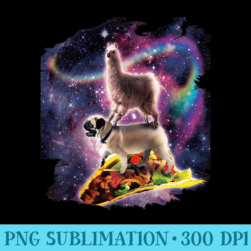 Rainbow Space Llama On Pug Riding Taco Raglan Baseball - Shirt Drawing PNG - Fashionable and Fearless