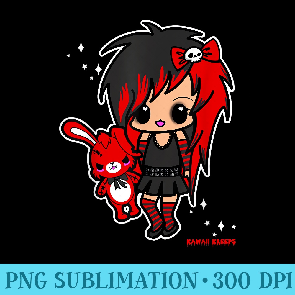 Kawaii Emo Chibi EGirl Scene Goth Gothic Creepy Bunny - Sublimation clipart PNG - Fashionable and Fearless