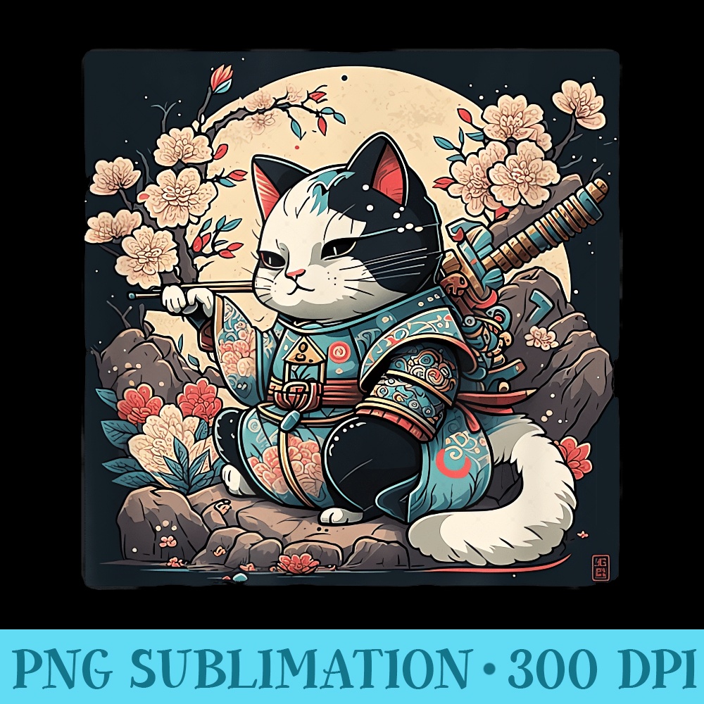 Kawaii Japanese Style Samurai Cat Kitten Anime - PNG Download Library - Spice Up Your Sublimation Projects