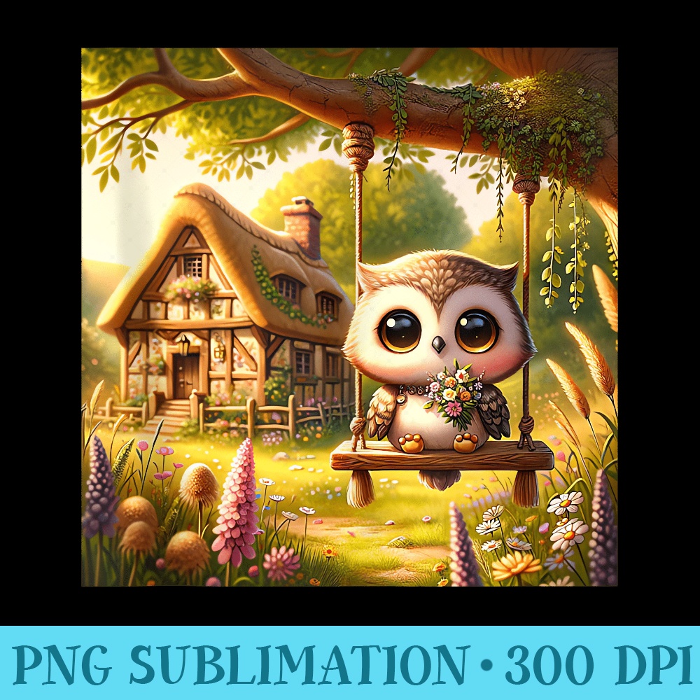 Chibi Kawaii Owl on a Swing Cottagecore Setting - Shirt Artwork Download - High Resolution And Print-Ready Designs