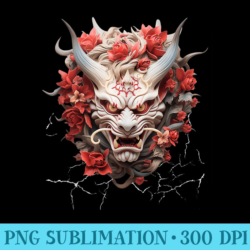 Scary Yokai Oni Mask With Red Flowers Japanese Anime Warrior - PNG Download Clipart - Transform Your Sublimation Creations