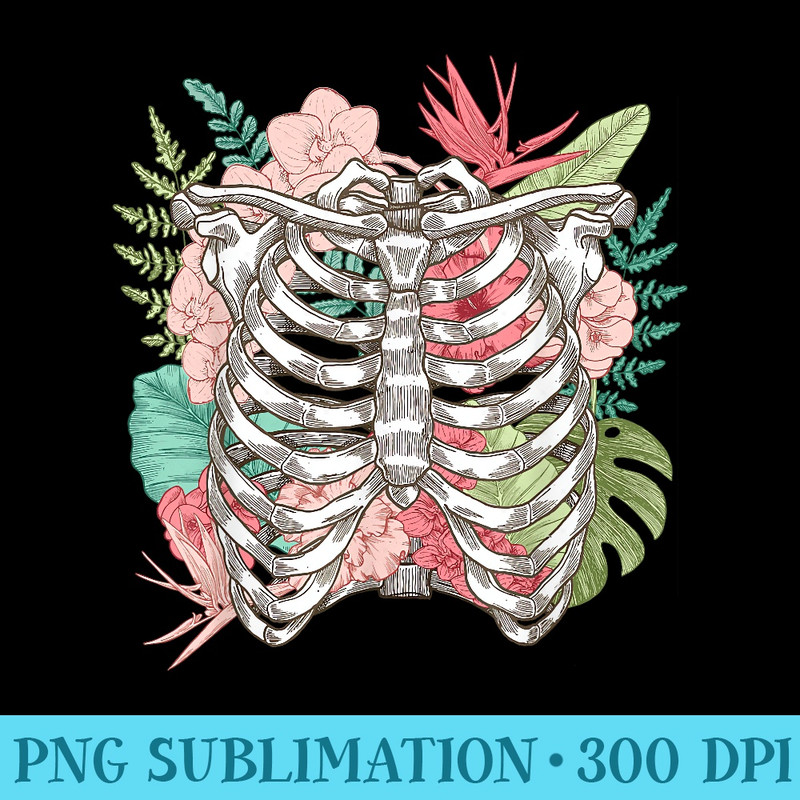 Skeleton Flowers Rib Cage XRay Funny Halloween - Modern PNG designs - Bold & Eye-catching