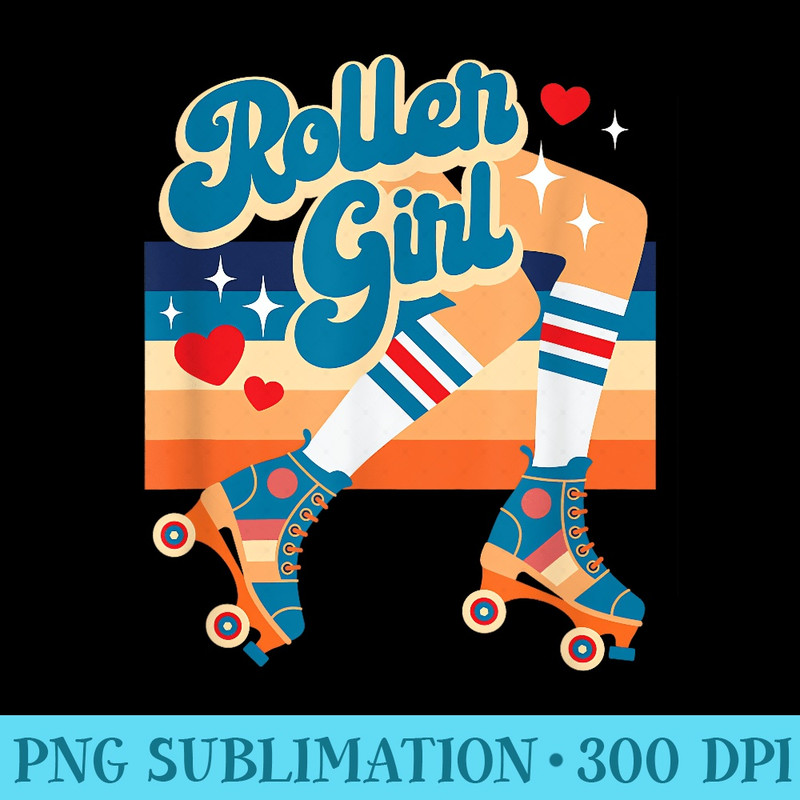 Retro Vintage Roller Girl Roller Skates w Hearts And Stripes - PNG Download Artwork - Limited Edition And Exclusive Designs