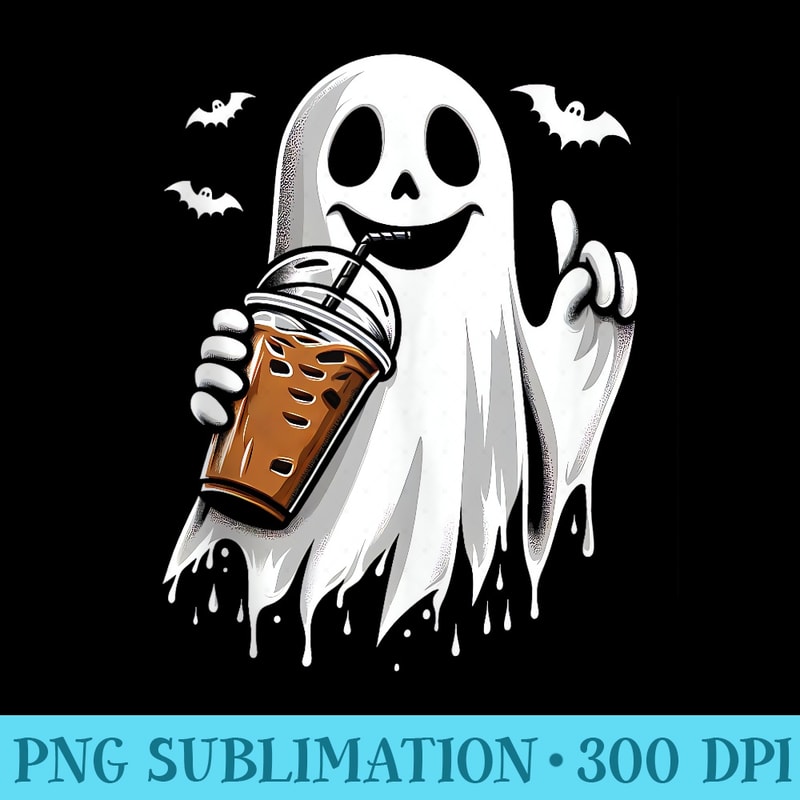 Halloween Ghost Drinking Iced Coffee - High Resolution PNG Designs - High Resolution And Print-Ready Designs