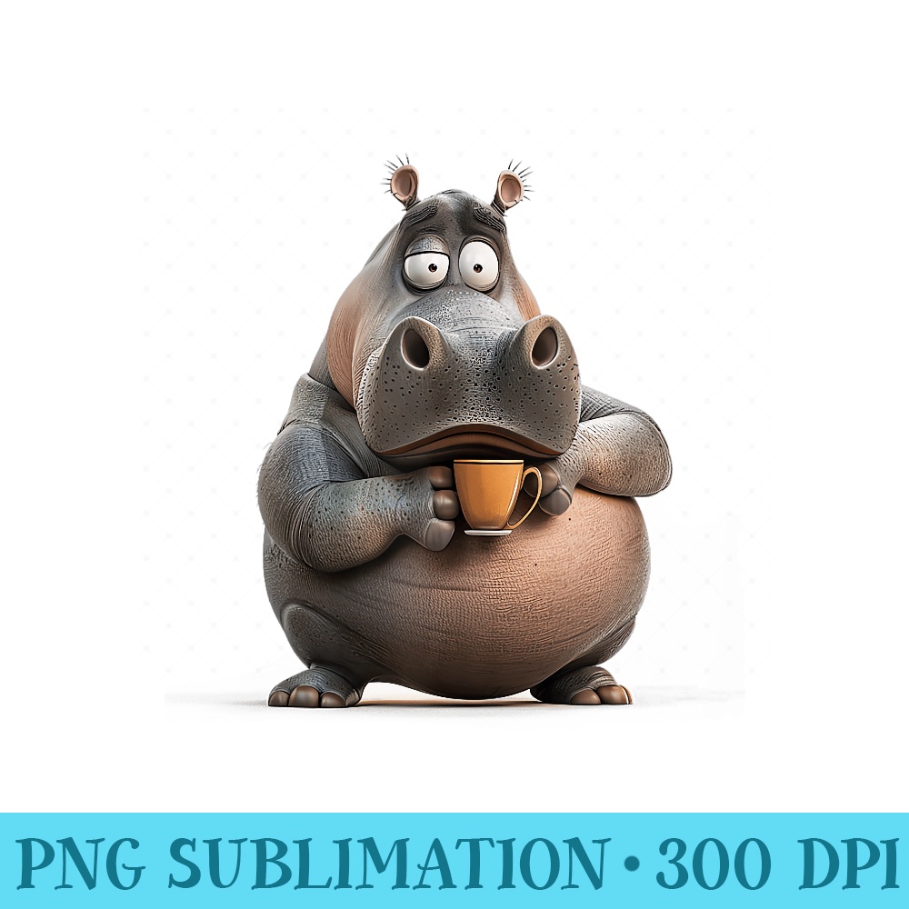 Funny Cute Hippo Holding Coffee Cup For Girls - High Resolution Shirt PNG - Capture Imagination with Every Detail