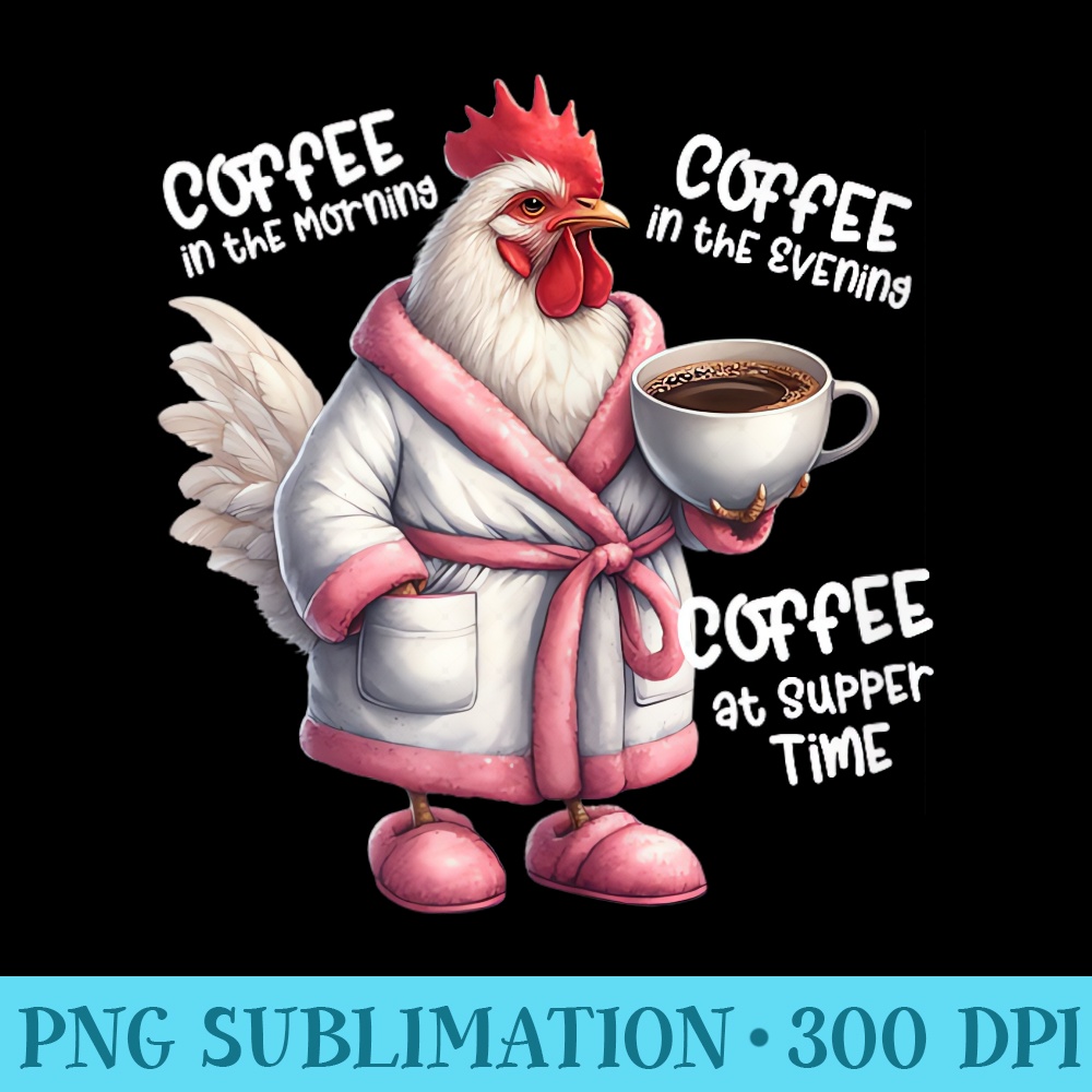 Funny Chicken in Bathrobe, Clutching a Cup of Coffee All Day - Shirt Artwork PNG - Vibrant and Eye-Catching Typography