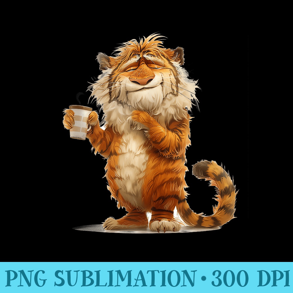 Funny Cute Tiger Holding Coffee Cup For Girls - PNG Download Transparent Background - High Resolution And Print-Ready Designs