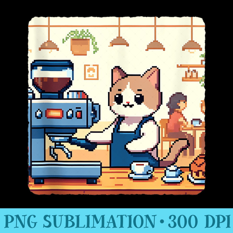 Pixelated Cat Barista Makes Coffee In Cozy Cafe. Apron - Modern PNG designs - Trendsetting And Modern Collections